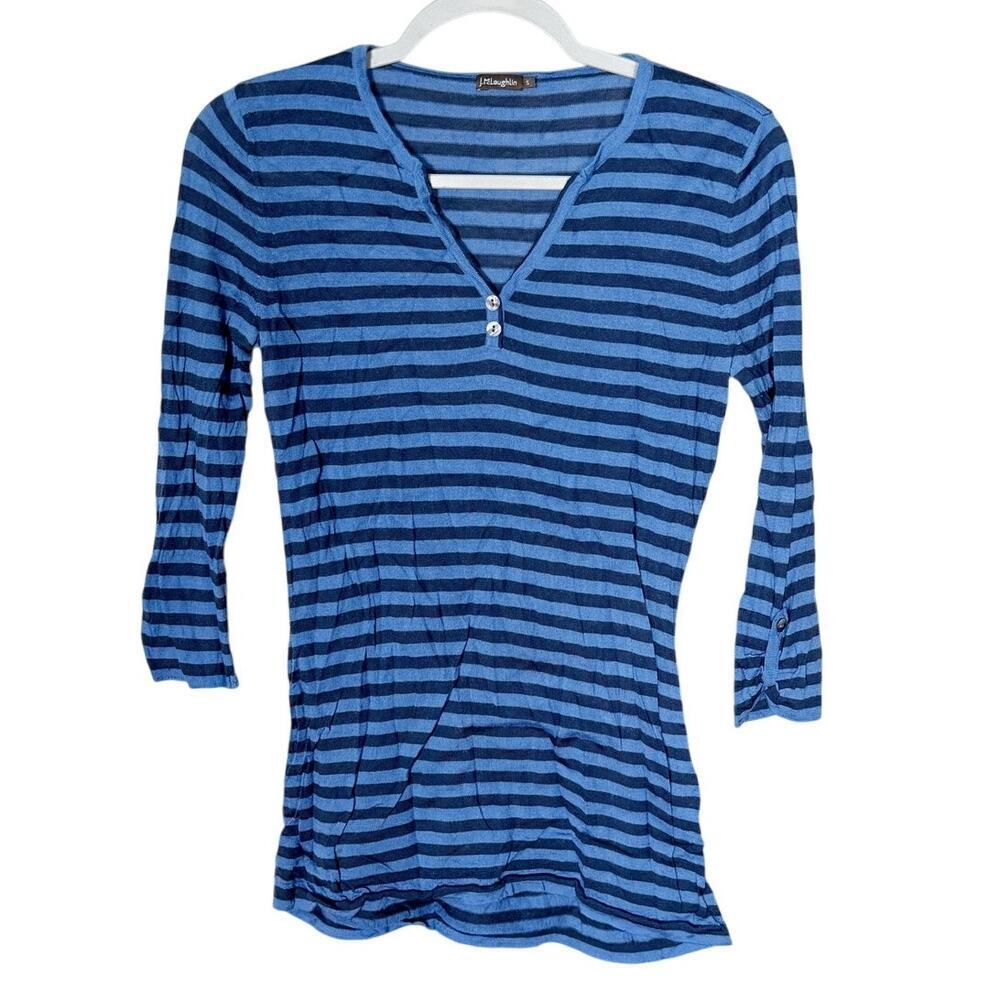 J. McLaughlin 3/4 Sleeve Top Merino Wool Blue Stripe Size Small